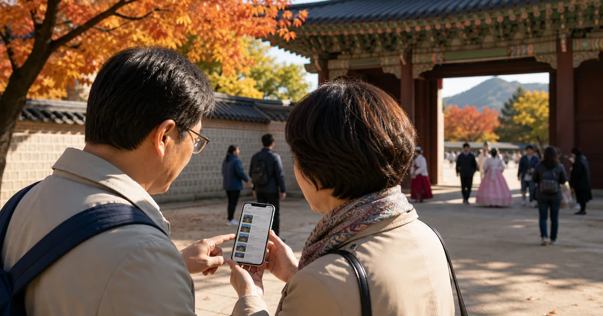 2026 가을 궁중문화축전 일정과 예약 정보를 확인하며 궁궐 앞에서 나들이를 준비하는 모습