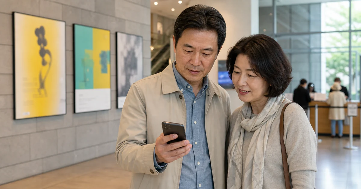 국립현대미술관 전시 예약과 관람 일정을 스마트폰으로 확인하는 중장년 관람객