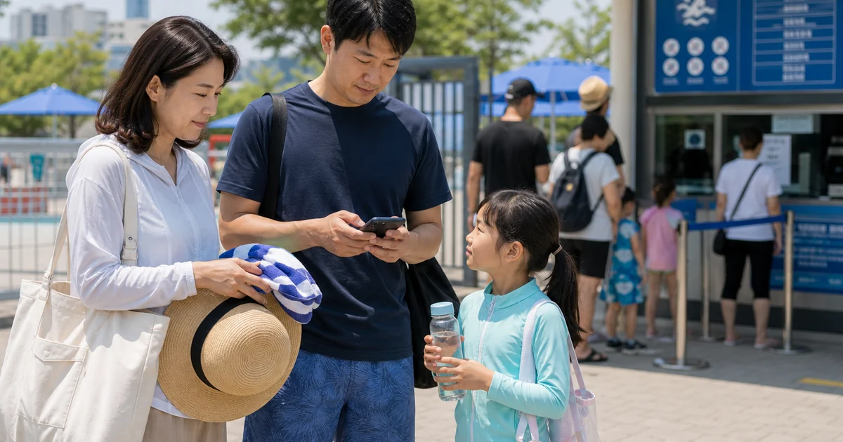 한강공원 수영장 입장 전 준비물과 운영시간을 확인하는 가족
