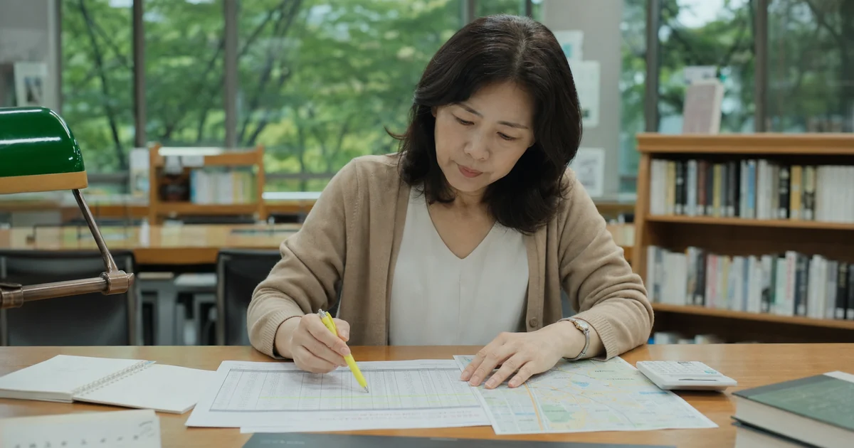 도서관에서 거래표와 지도를 대조하며 아파트 가격을 살펴보는 여성
