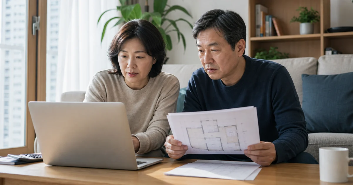 공공주택 모집공고와 주택 도면을 함께 살펴보는 중년 부부