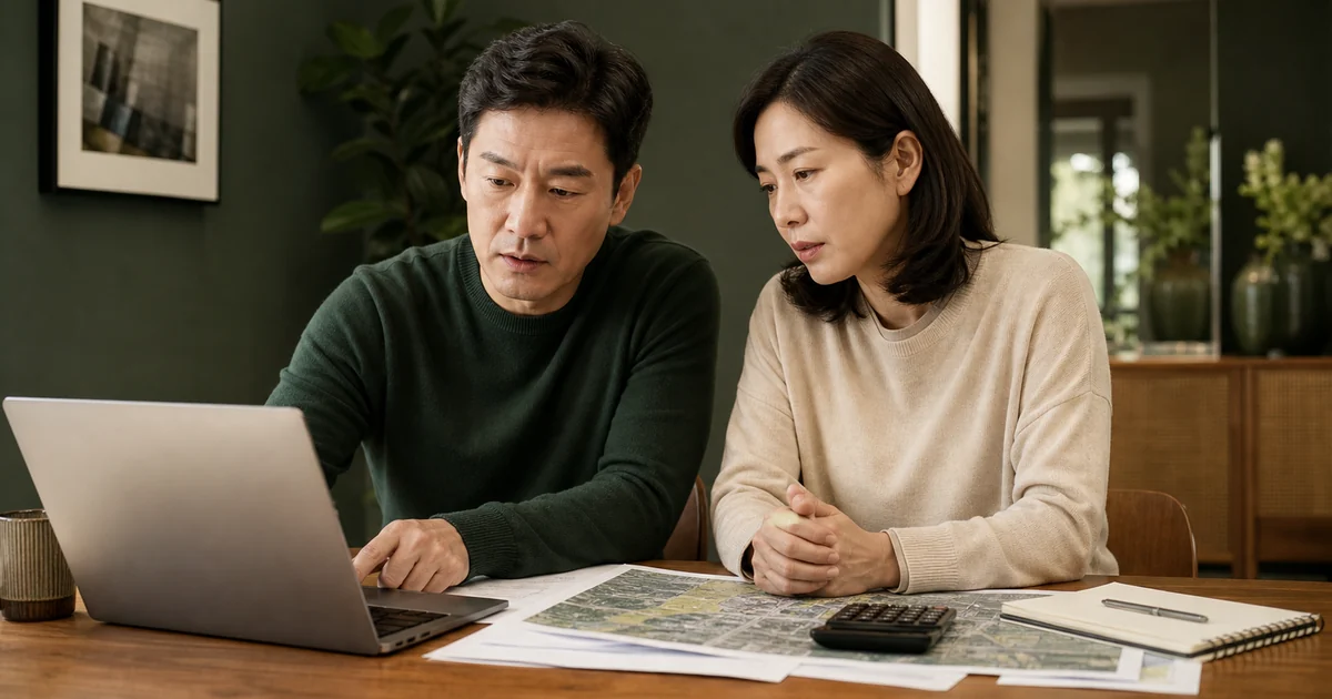 노트북과 지도를 놓고 공매 부동산 자료를 검토하는 중년 부부