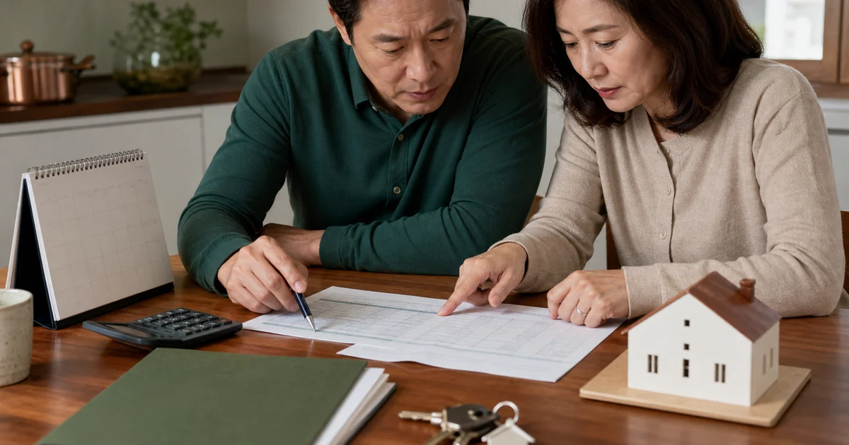 부동산 계약 예산표와 달력을 함께 확인하는 중년 부부