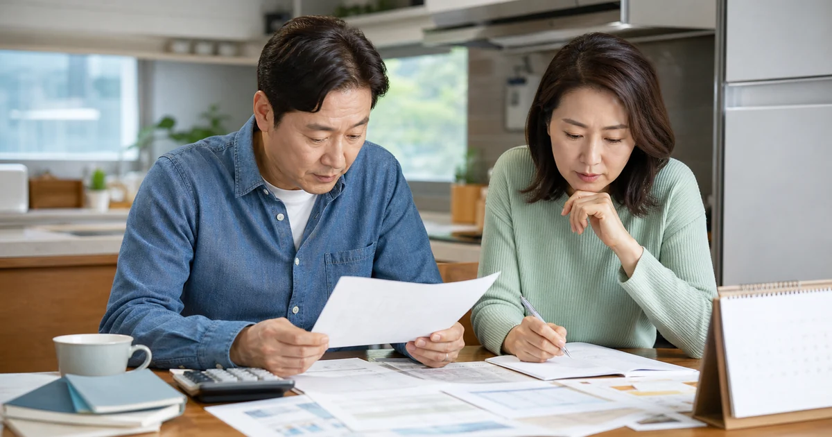 아파트 모집공고와 달력, 계산기를 놓고 신청 조건을 검토하는 부부