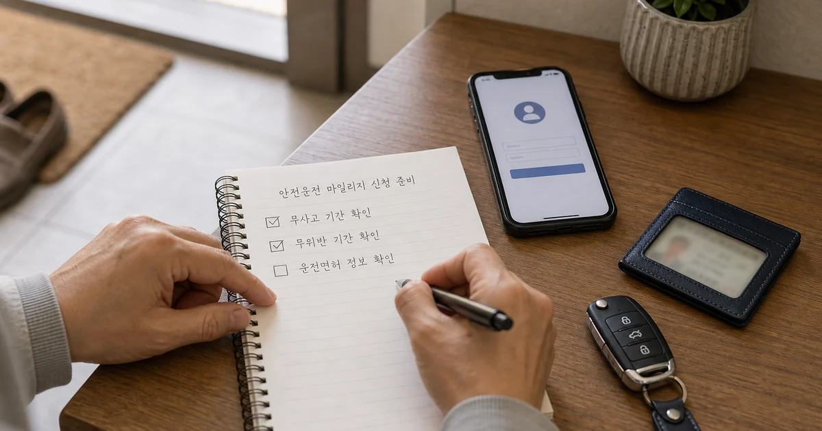 착한운전 마일리지 신청 전 운전면허 지갑과 체크리스트를 준비하는 모습
