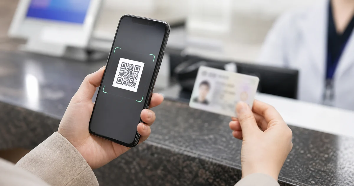 스마트폰 QR 화면과 실물 신분증을 준비해 모바일 신분증 인증을 진행하는 장면