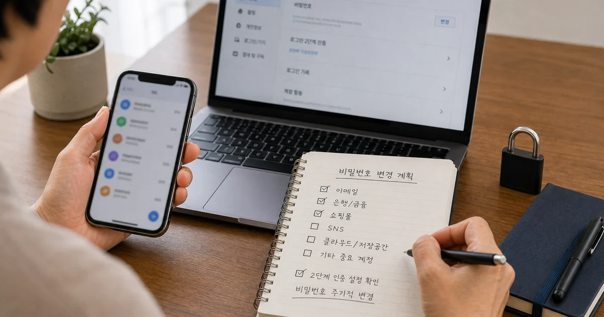 털린 내 정보 찾기 조회 후 계정별 비밀번호 변경 계획을 세우는 모습