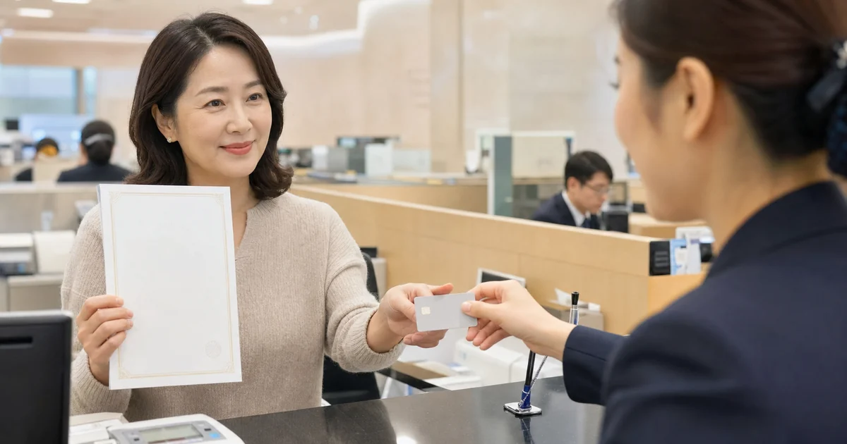 내일배움카드 발급확인서로 은행에서 실물카드를 받는 중년 여성