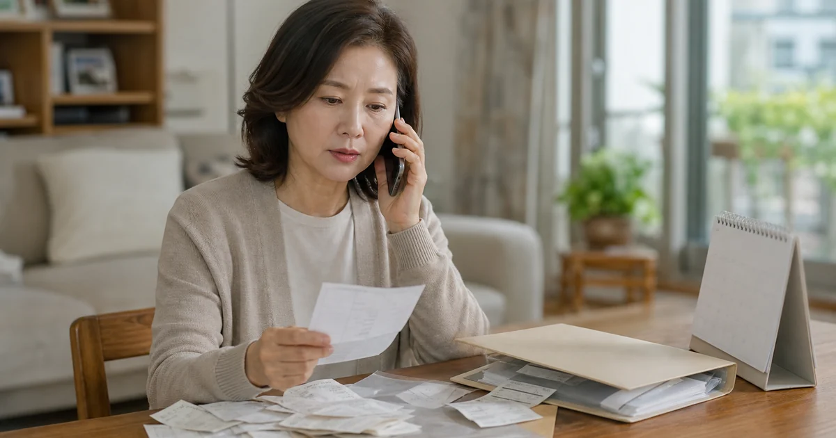 오래된 진료영수증과 달력을 보며 보험금 청구기한을 확인하는 40대 여성