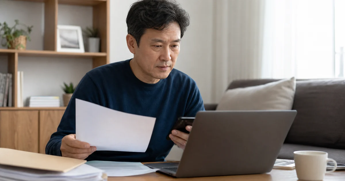복지서비스 온라인 신청 상태를 차분히 확인하는 중년 부부
