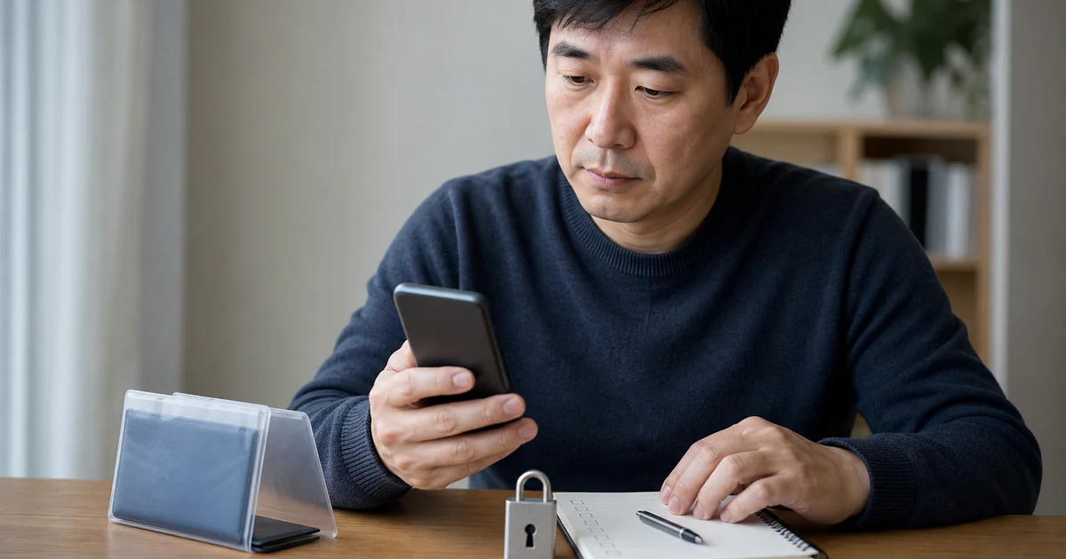 휴대전화 공식 사이트와 잠금표시, 환급 체크리스트를 확인하는 40대 남성