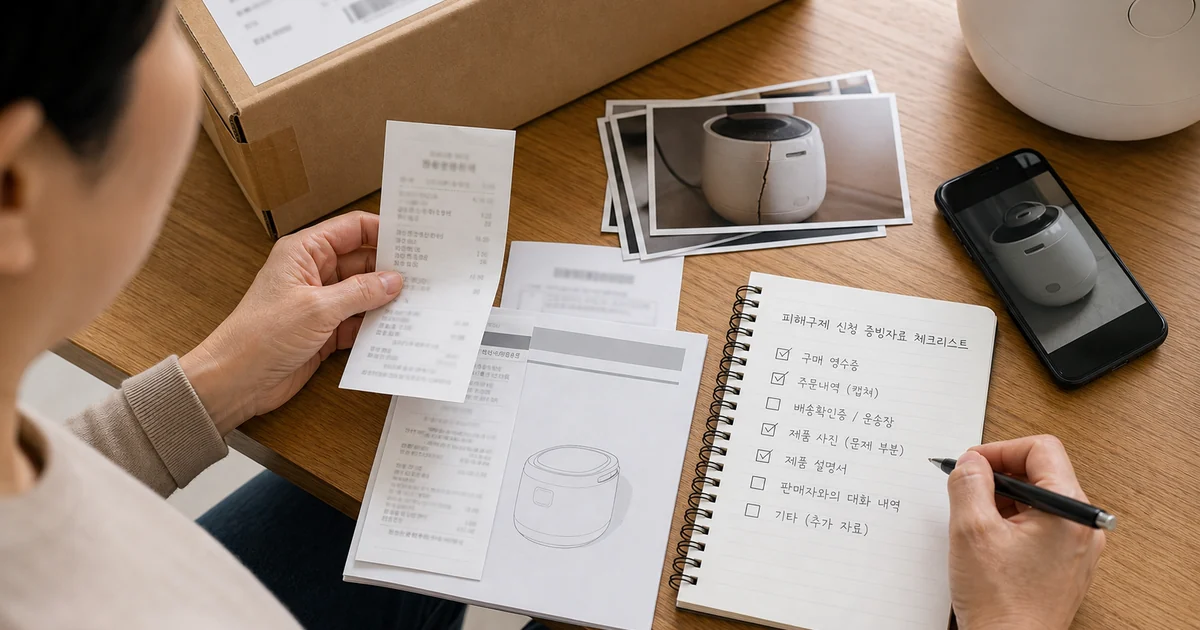 소비자 피해구제 신청 증빙자료로 영수증과 제품 사진을 정리하는 모습