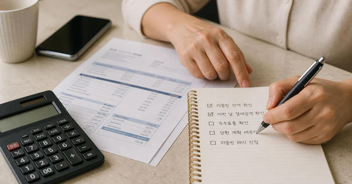 신용카드 리볼빙 해지 전 결제예정금액과 체크리스트를 확인하는 손