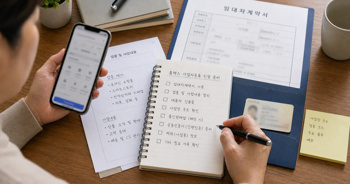 홈택스 사업자등록 신청 전 임대차계약서와 업종 메모를 준비하는 모습