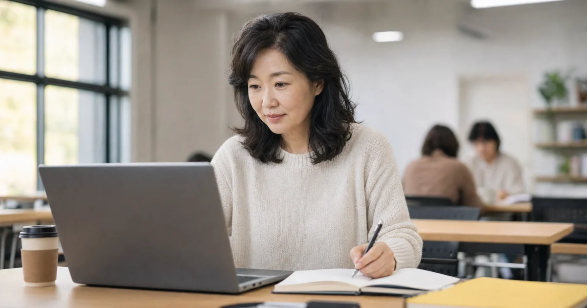 중장년 학습자가 노트북으로 직업훈련 과정을 조회하는 장면