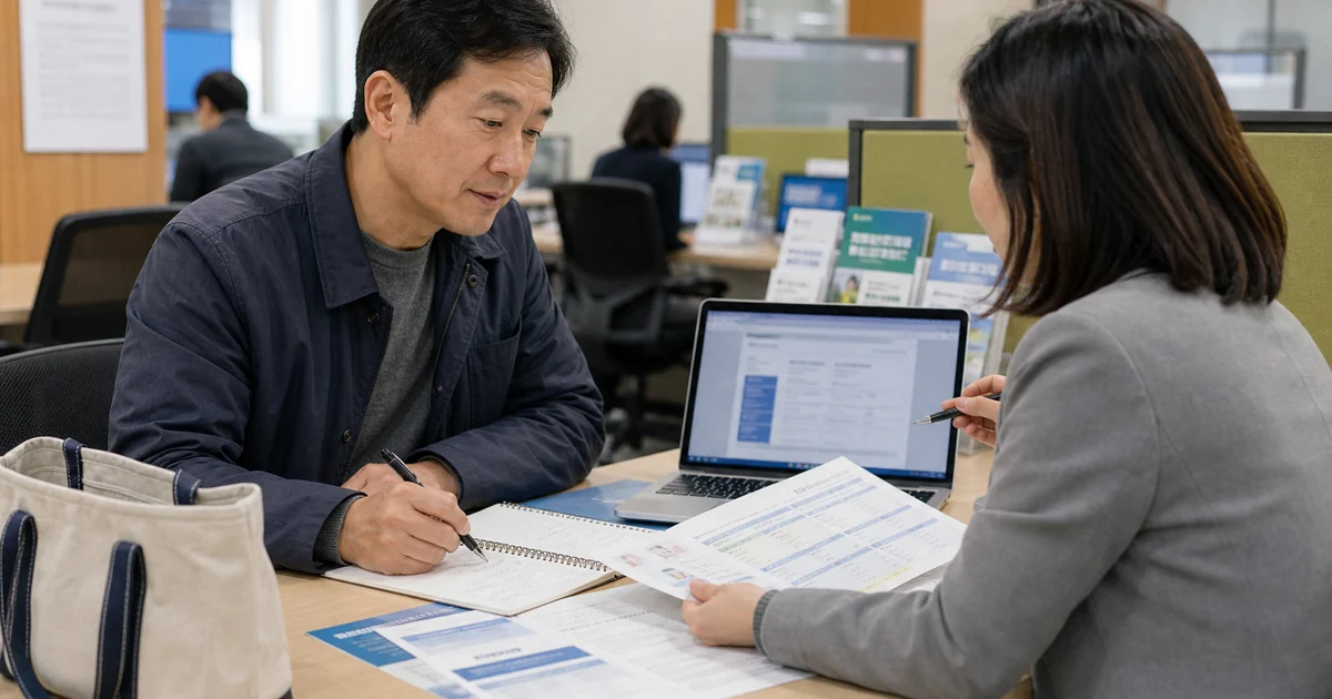 고용센터 상담 테이블에서 국가기간전략산업직종훈련 조회와 신청 조건을 확인하는 중장년