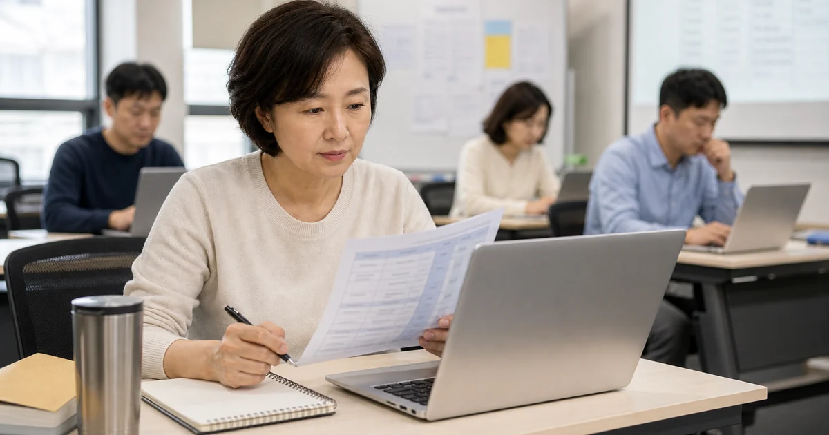 직업훈련 교실에서 국민내일배움카드 훈련장려금 지급 조건을 확인하는 중년 훈련생