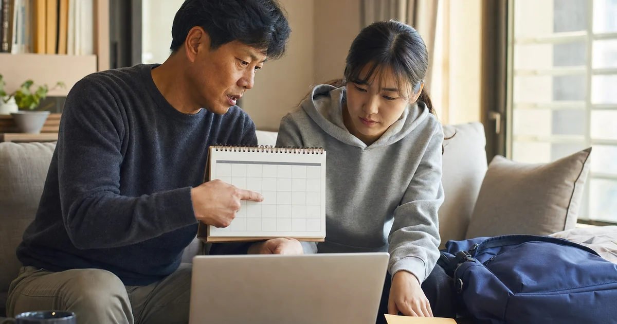 2026 2학기 학자금대출 일정을 확인하는 50대 아버지와 대학생 딸
