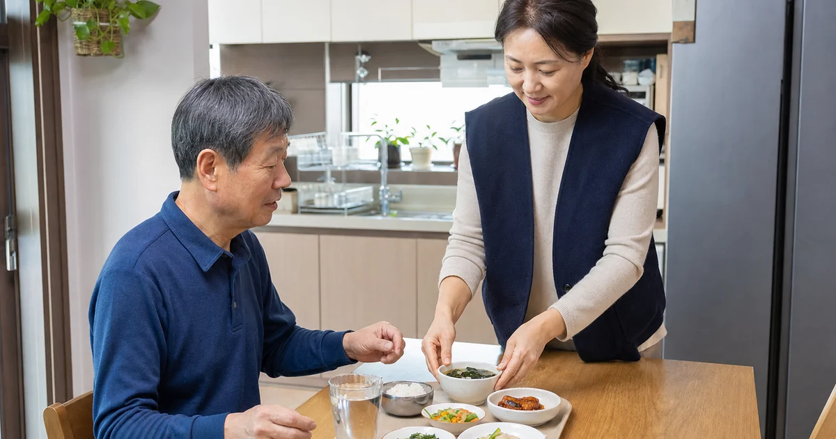가사·간병 방문지원 제공인력이 중년 남성의 식사를 돕는 모습