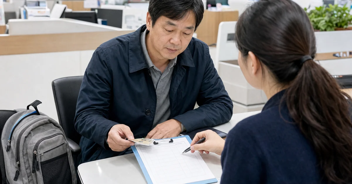 행정복지센터에서 교육급여 신청 준비물을 확인하는 40대 보호자