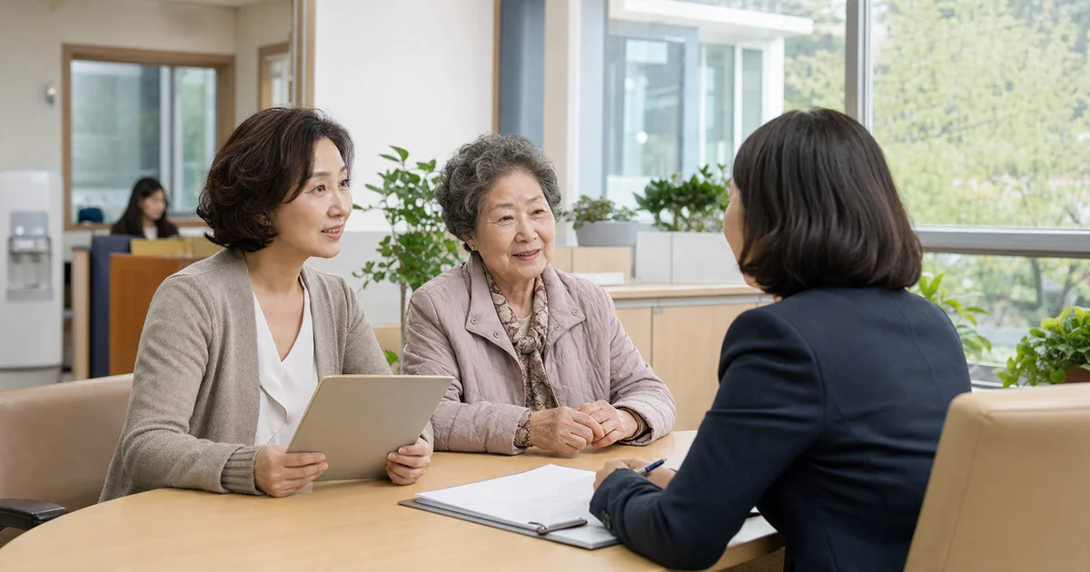 행정복지센터에서 어머니와 함께 노인맞춤돌봄서비스 신청 상담을 받는 중년 여성