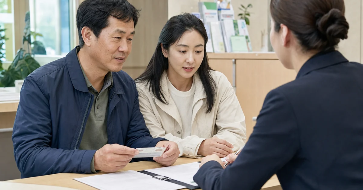 행정복지센터에서 농식품 바우처 신청 준비물을 상담하는 중년 부녀