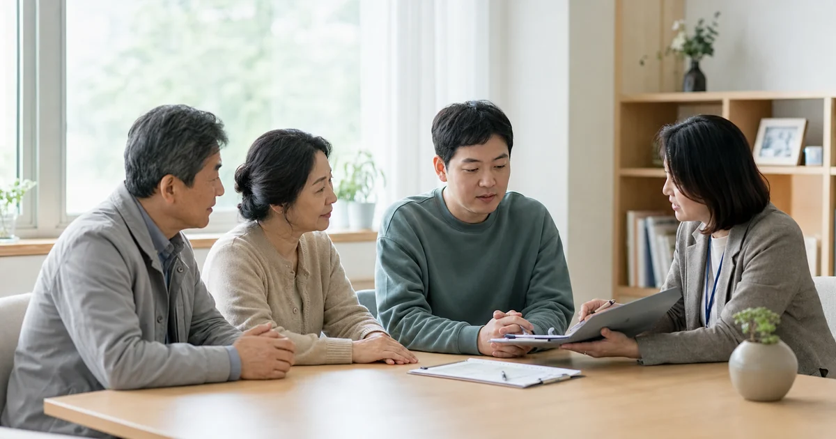성인 발달장애인과 부모가 사회복지사에게 공공후견 상담을 받는 모습