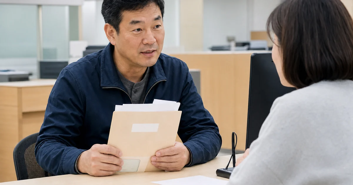 행정복지센터에서 발달재활서비스 신청 서류를 상담하는 40대 보호자