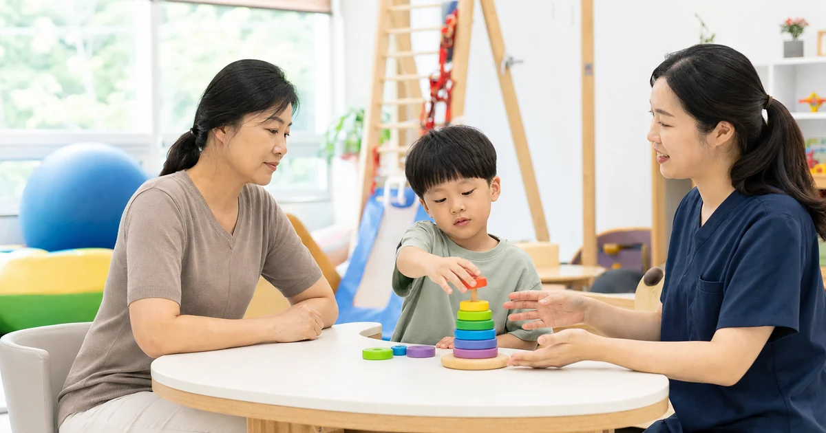 발달재활센터에서 아동의 놀이 활동을 상담하는 40대 보호자