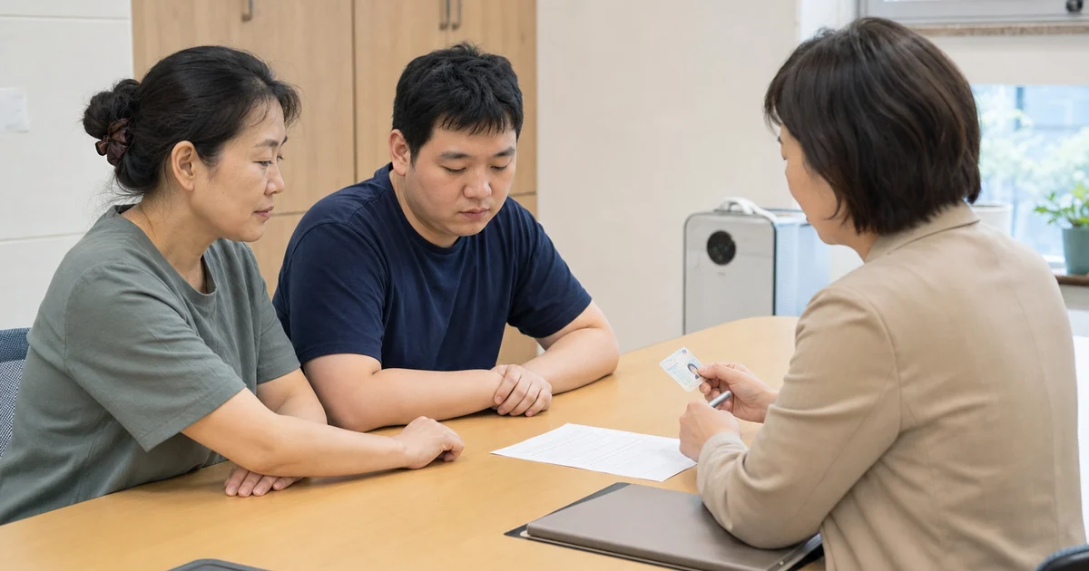 주민센터에서 성인 발달장애인 주간활동서비스 신청을 상담하는 모자