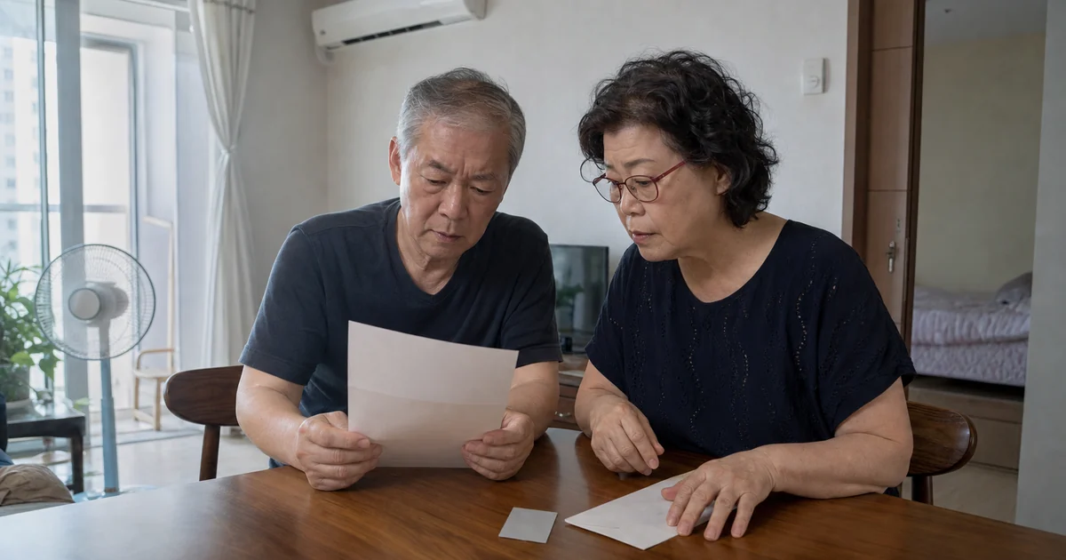 여름철 집에서 최근 전기요금 고지서와 봉투를 확인하는 노부부