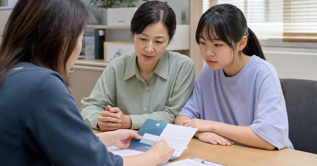 주민센터에서 여성청소년 생리용품 바우처 신청서를 확인하는 어머니와 딸