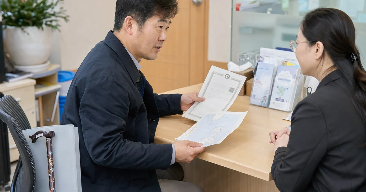 공단 상담창구에서 장기요양 인정서와 섬 거주 상황을 설명하는 중년 남성