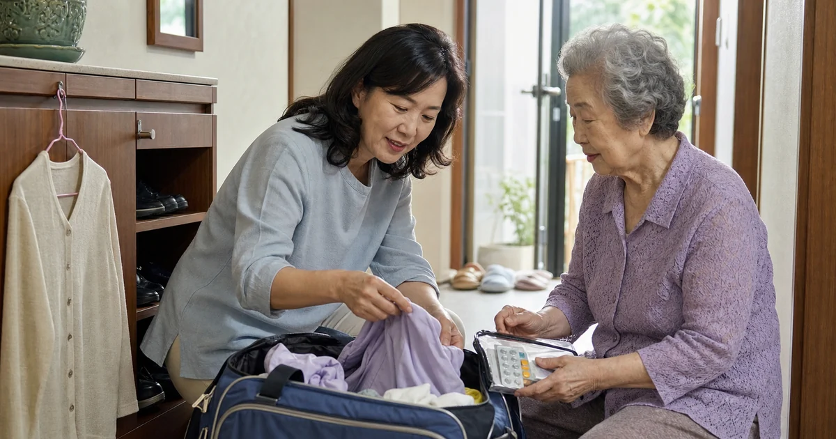 장기요양 가족휴가제 이용을 앞두고 어머니의 단기보호 준비물을 챙기는 딸