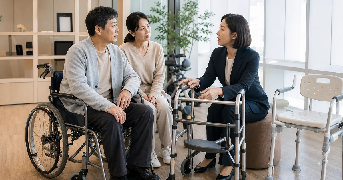장애인 보조기기 교부 신청을 위해 복지상담사와 보행기와 목욕의자를 살펴보는 가족