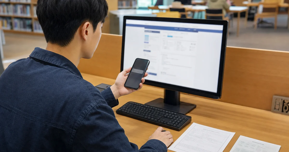 도서관 PC에서 청년월세 신청상태와 보완서류를 확인하는 청년