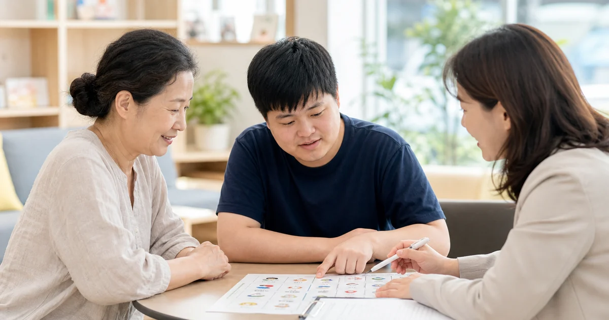 지역 복지센터에서 성인 발달장애인과 어머니가 사회복지사와 하루 지원계획 그림표를 함께 살펴보는 모습