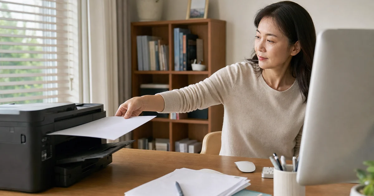 집에서 가족관계증명서를 프린터로 출력하는 40대 여성