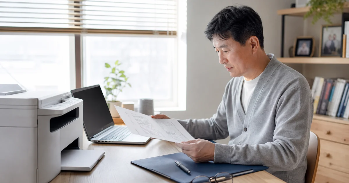 재취업 서류용 건강보험 자격득실확인서를 집에서 출력하는 40대 남성