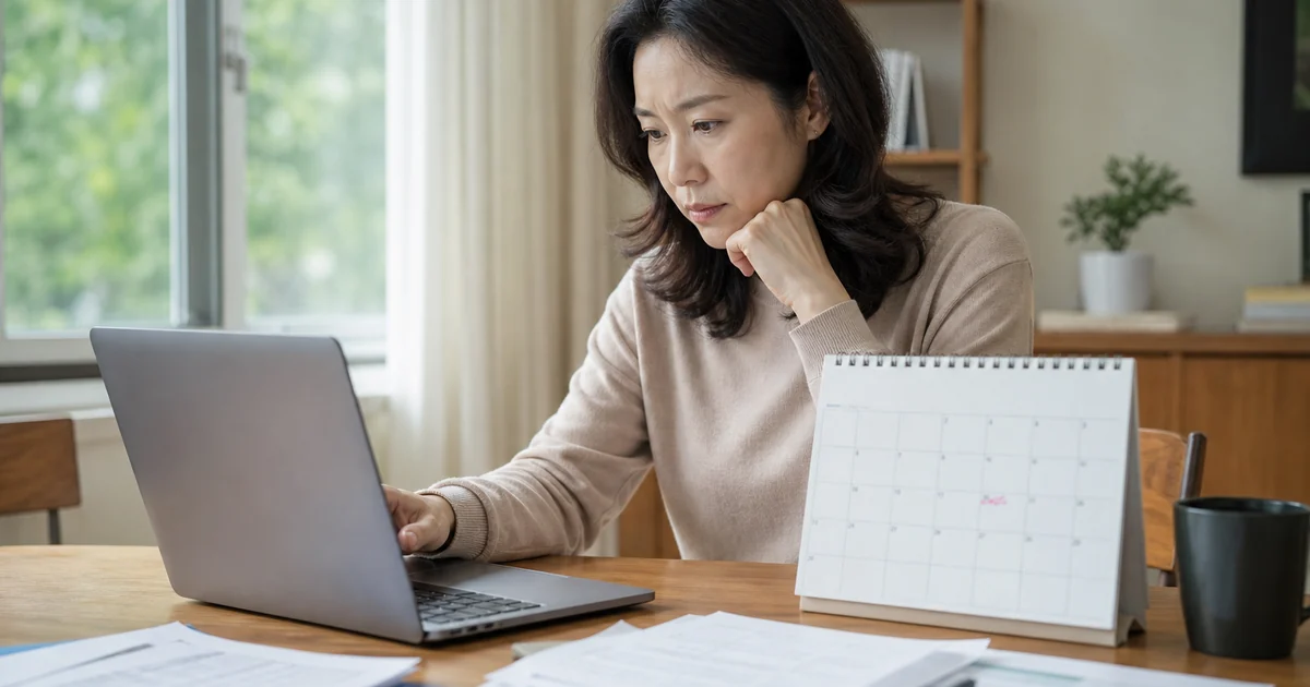 출산급여 신청기한을 달력에서 확인하는 중년 여성