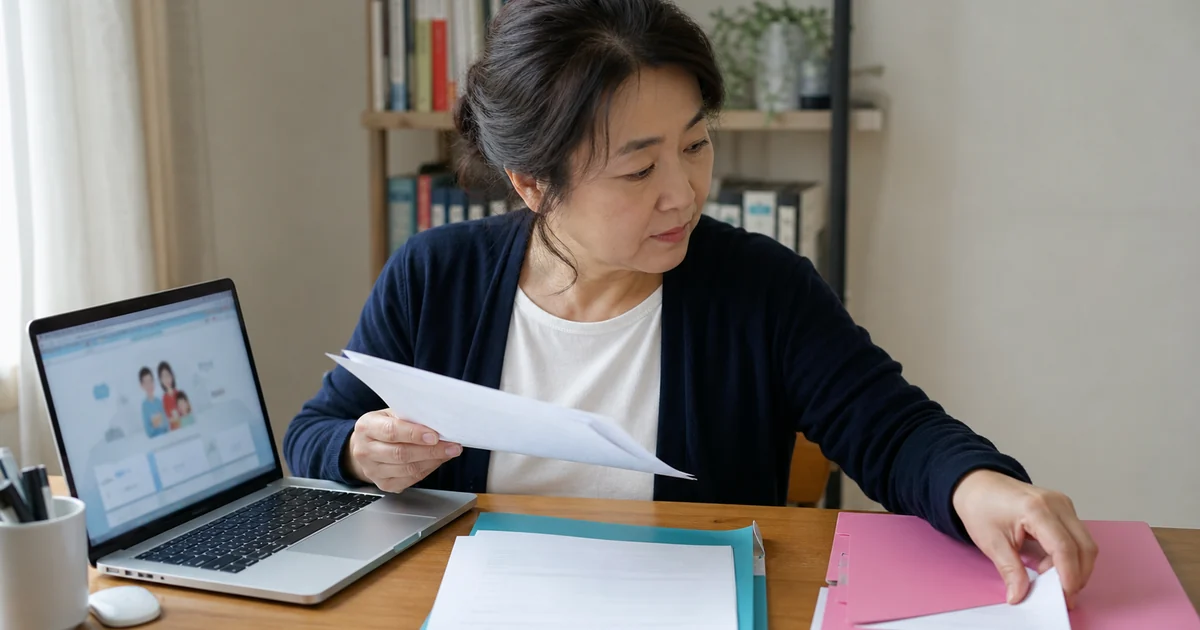 장기요양인정서와 개인별이용계획서를 구분해 파일에 넣는 중년 여성