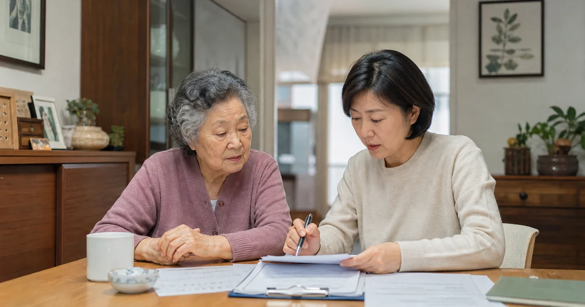부모님의 장기요양 서류 목록을 확인하며 재발급을 준비하는 중년 자녀