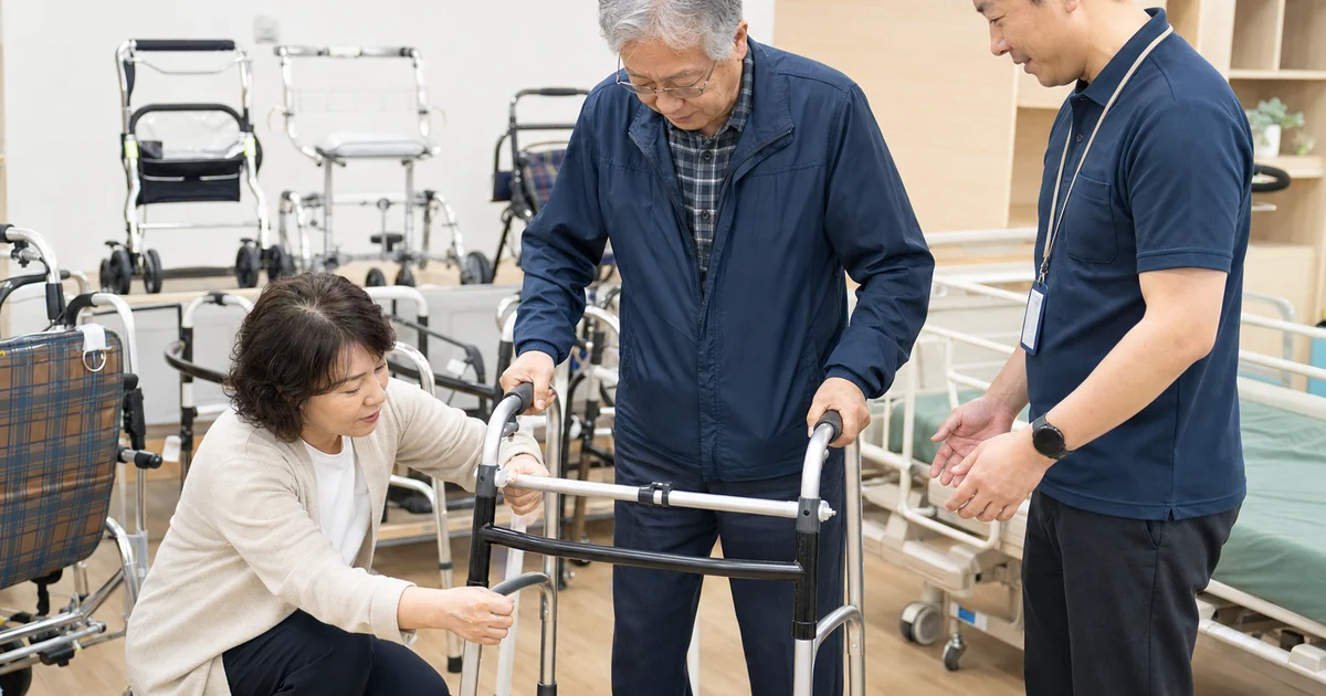 복지용구사업소에서 보행기 높이와 안전성을 확인하는 가족