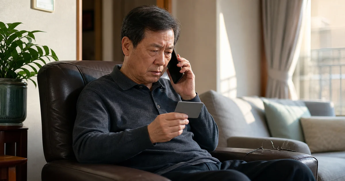 거실에서 문화누리카드를 들고 공식 고객지원센터 ARS로 잔액을 확인하는 50대 남성