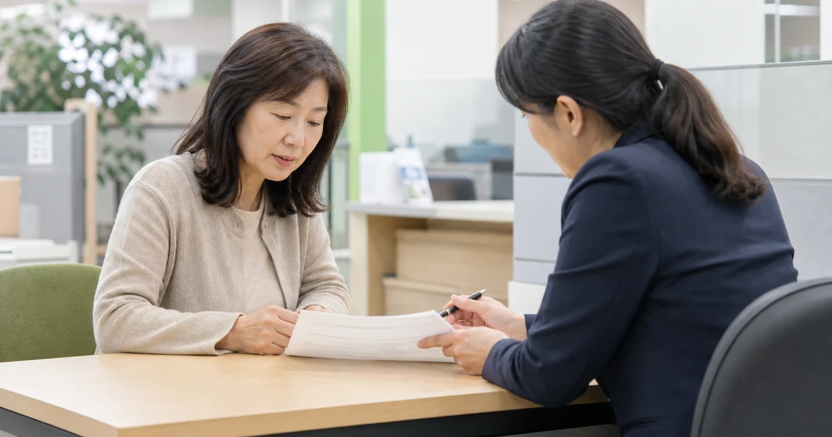 중년 여성이 복지 상담창구에서 보완요청 서류와 제출기한을 확인하는 모습