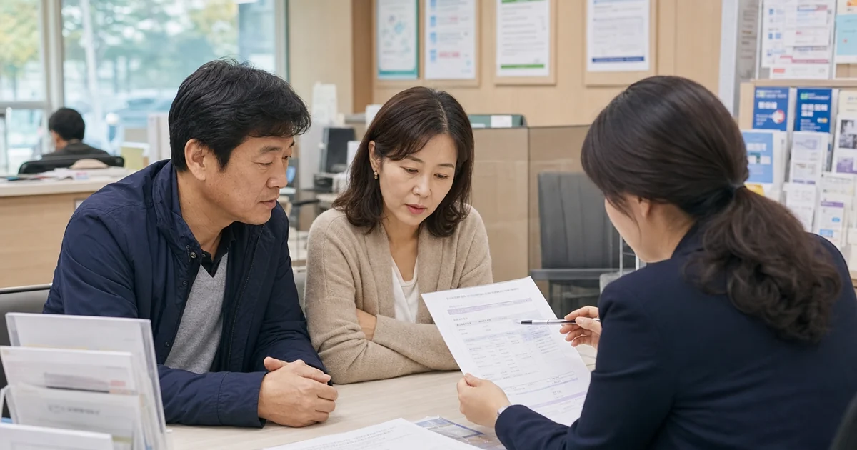 중년 부부가 주민센터 상담실에서 복지서비스 모의계산 결과를 상담하는 모습