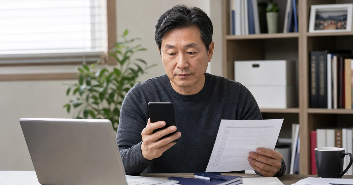 ‘증명서 발급과 제출내역 조회’ 처리 결과를 서류와 대조하는 50대 이용자
