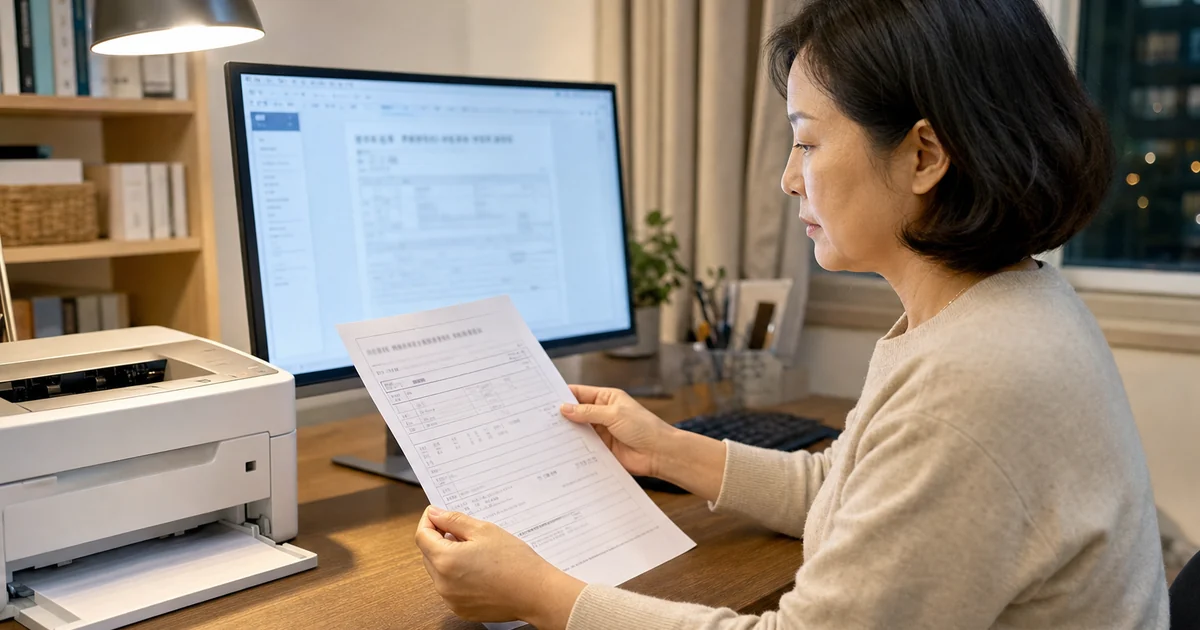 인터넷등기소에서 발급한 등기사항증명서를 프린터로 출력해 확인하는 중년 여성