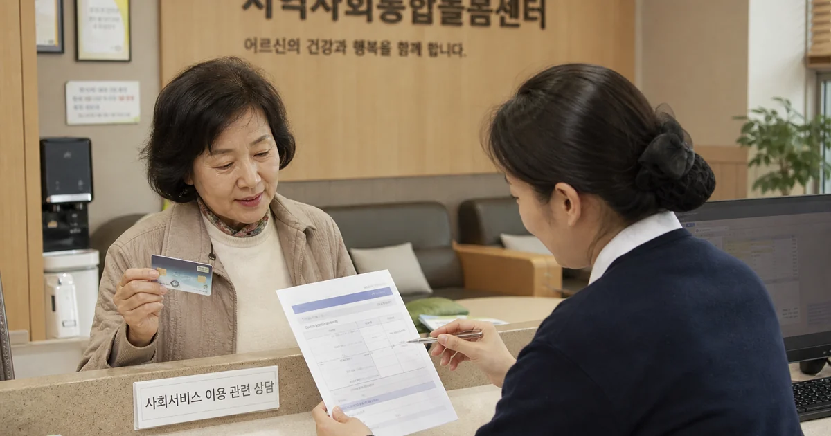 중년 가족보호자가 사회서비스 제공기관 상담창구에서 바우처 잔액을 확인하는 모습