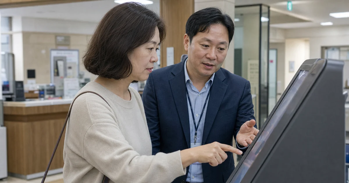신청 마감 현장에서 담당자와 함께 자녀장려금 심사진행상황과 결정통지서 온라인 조회 절차를 확인하는 중년 이용자